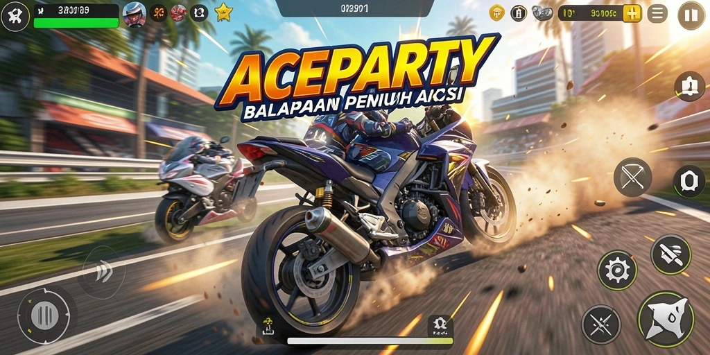 Screenshot gameplay ACEPARTY menampilkan balapan motor yang mendebarkan dan intens.