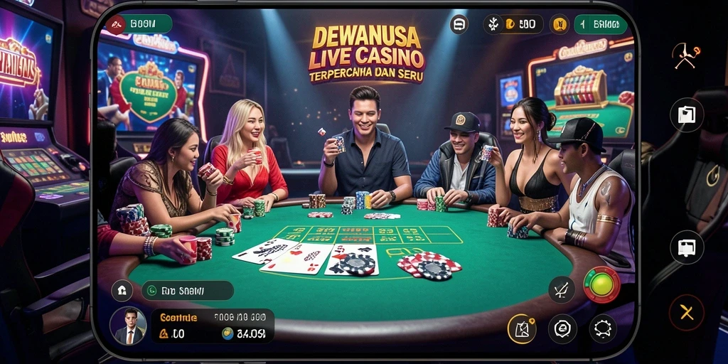 Screenshot gameplay DEWANUSA menampilkan dealer profesional dan suasana kasino yang hidup.