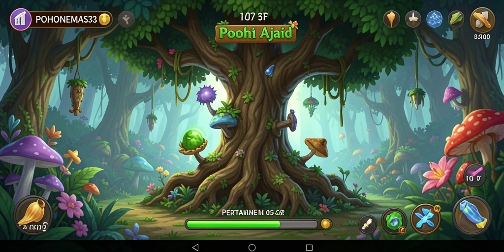 Tampilan gameplay seru dalam POHONEMAS33 dengan desain menara yang menarik.