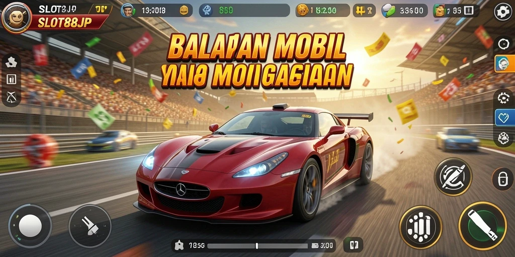 Screenshot menampilkan balapan mobil seru di <strong>SLOT88JP</strong>.