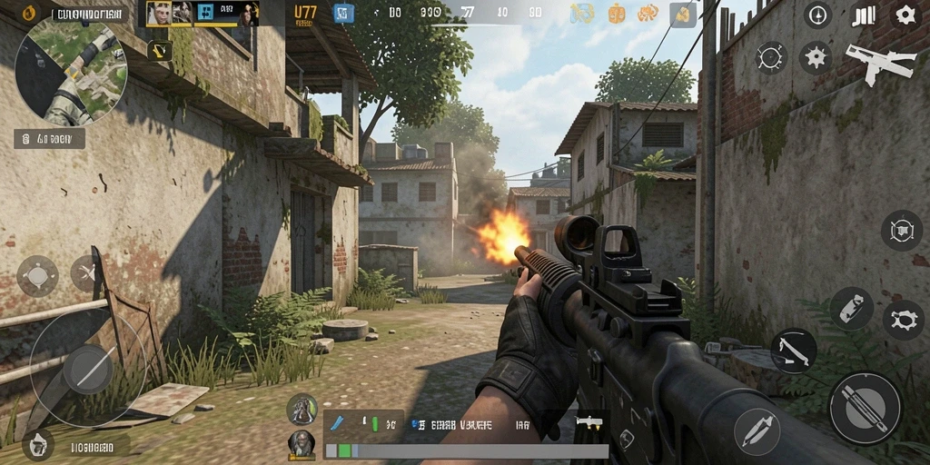 Screenshot gameplay UT77 menampilkan aksi menembak yang intens.